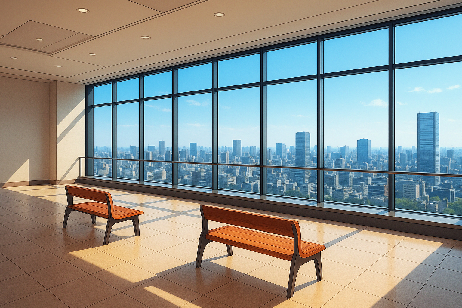 窓から街並みが見える休憩室とベンチのある空間内装