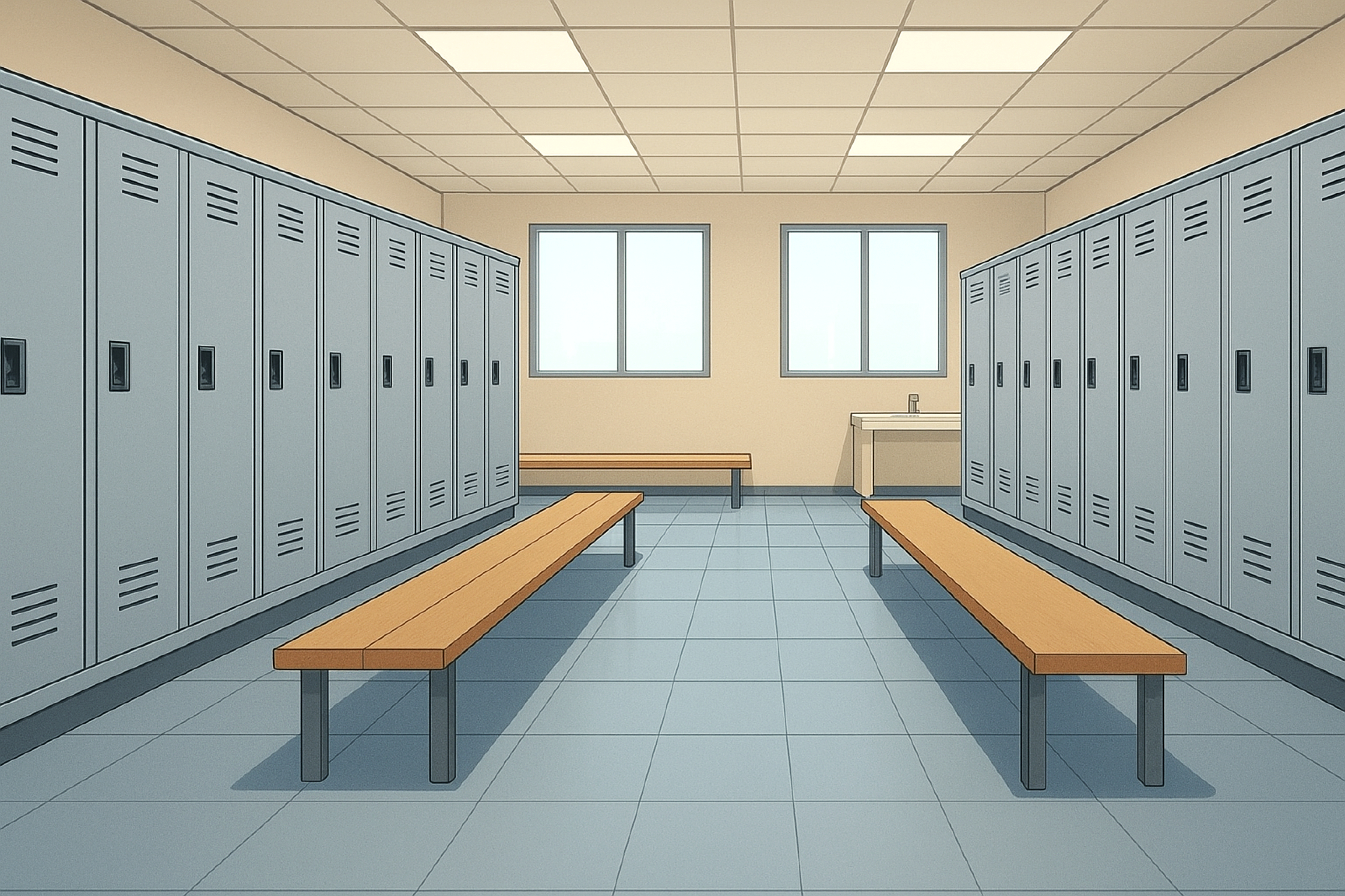 ロッカーが並ぶフィットネスジムのロッカールーム内装