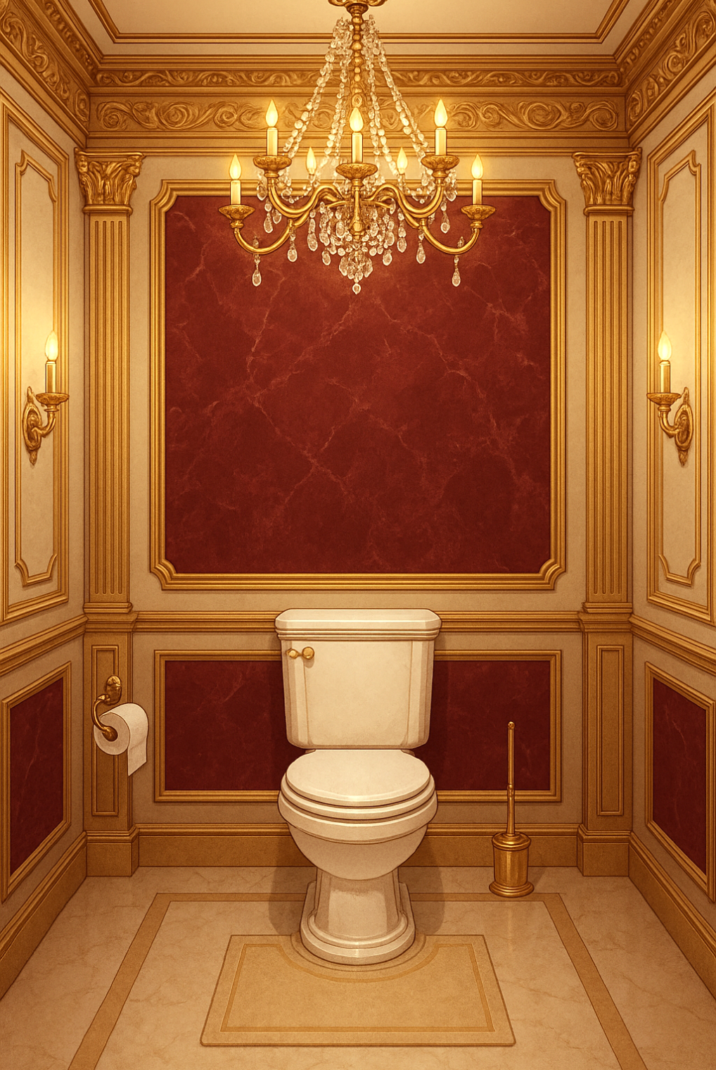 豪華でシャンデリアが光るゴールドを基調とした派手なトイレの内装背景