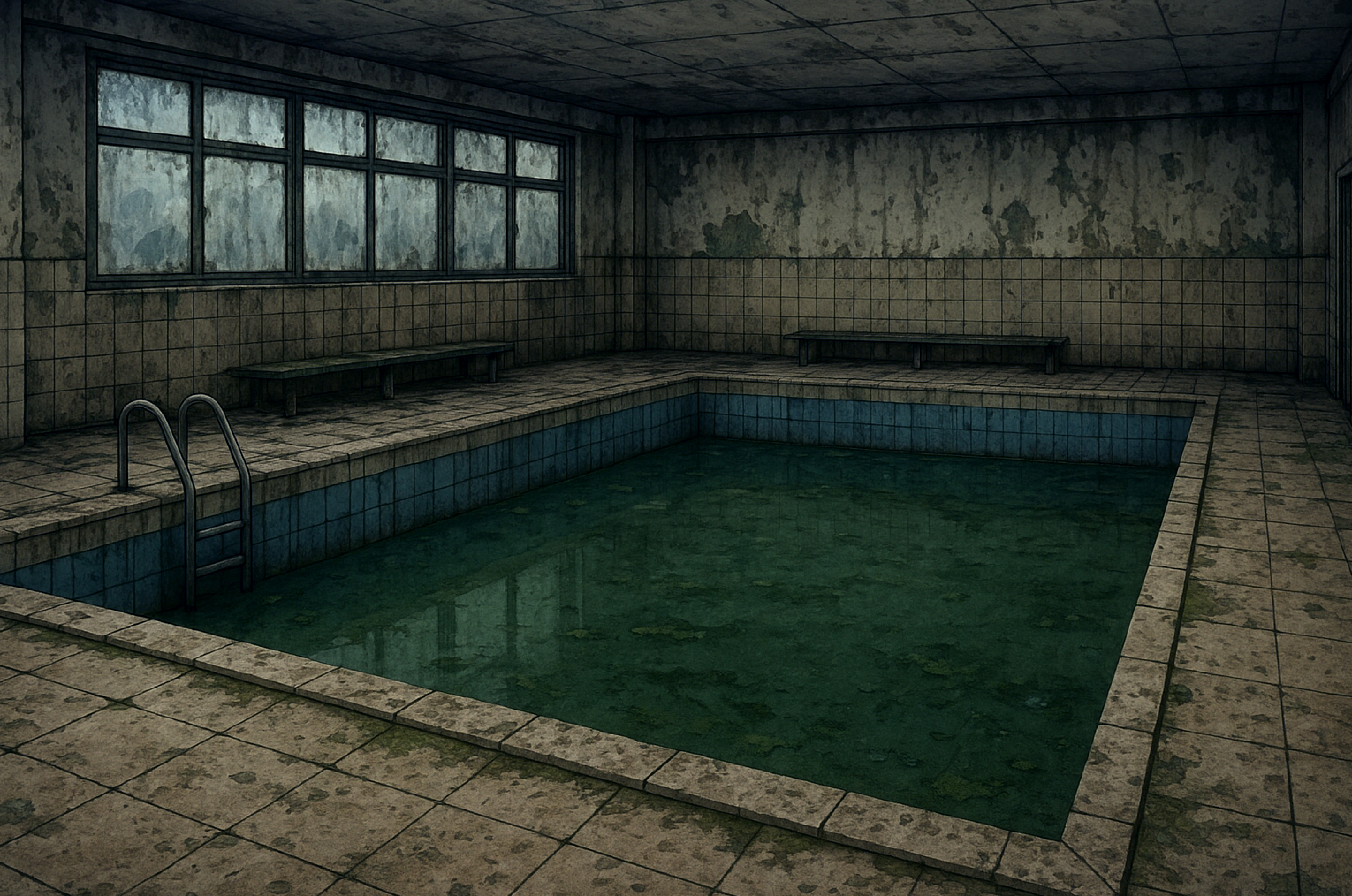 不潔で暗くボロボロで、汚い水が溜まっている廃墟のプールの内装