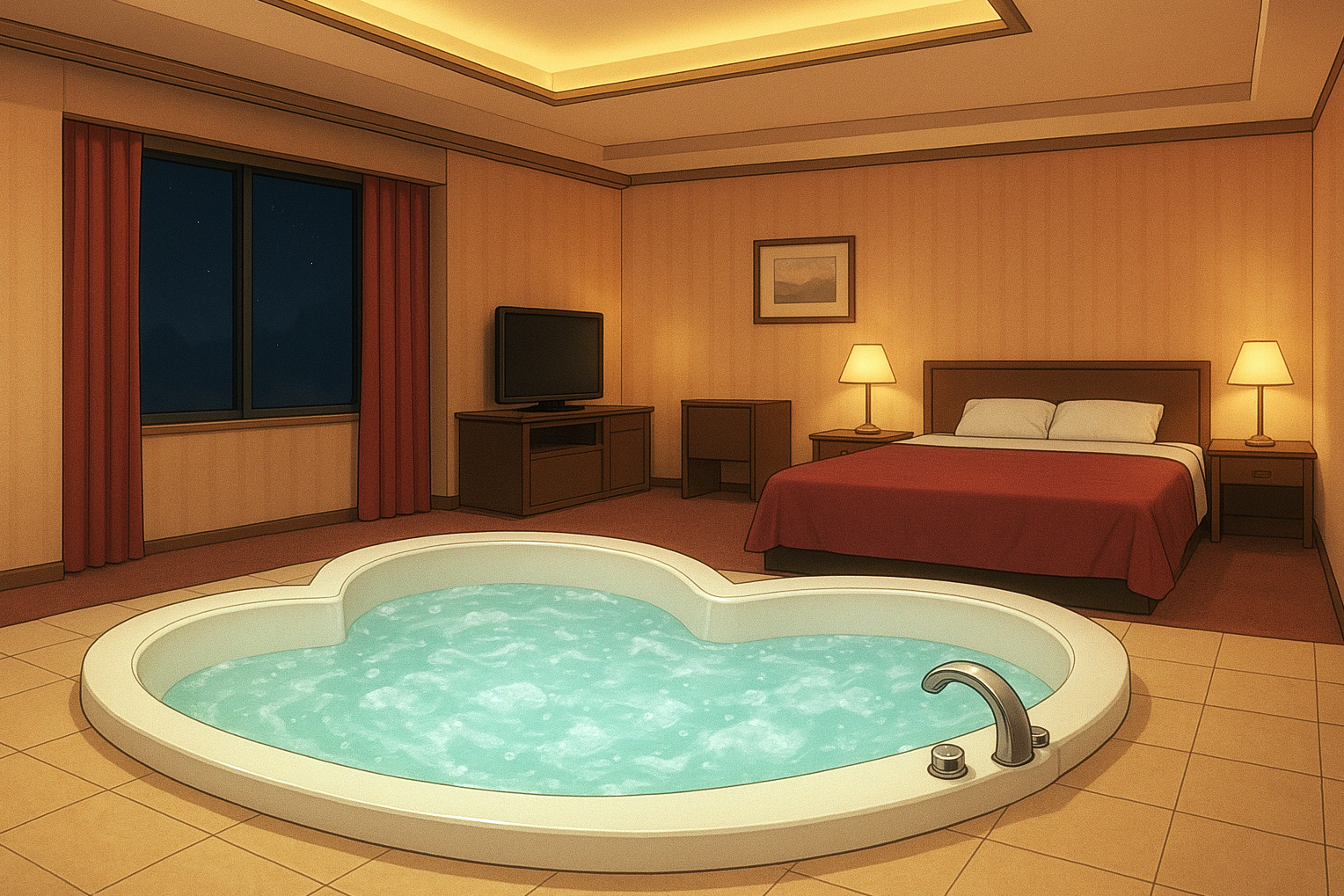 風呂が目立つ広い高級ホテルの部屋の内装背景