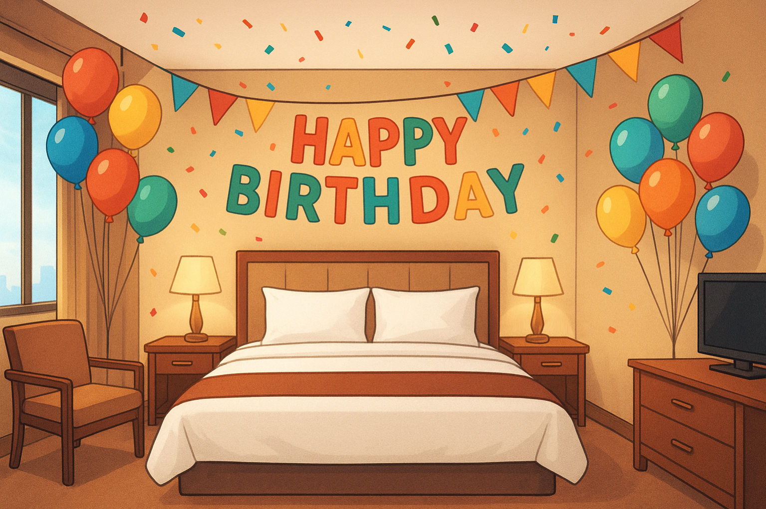 誕生日の装飾のあるホテルの部屋の内装背景