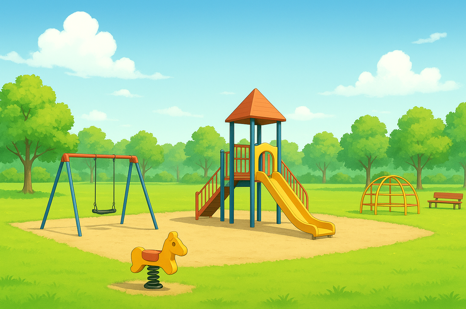 公園のフリー背景素材｜滑り台やブランコなど遊具が並ぶ明るい公園の背景画像｜無料・商用利用OK