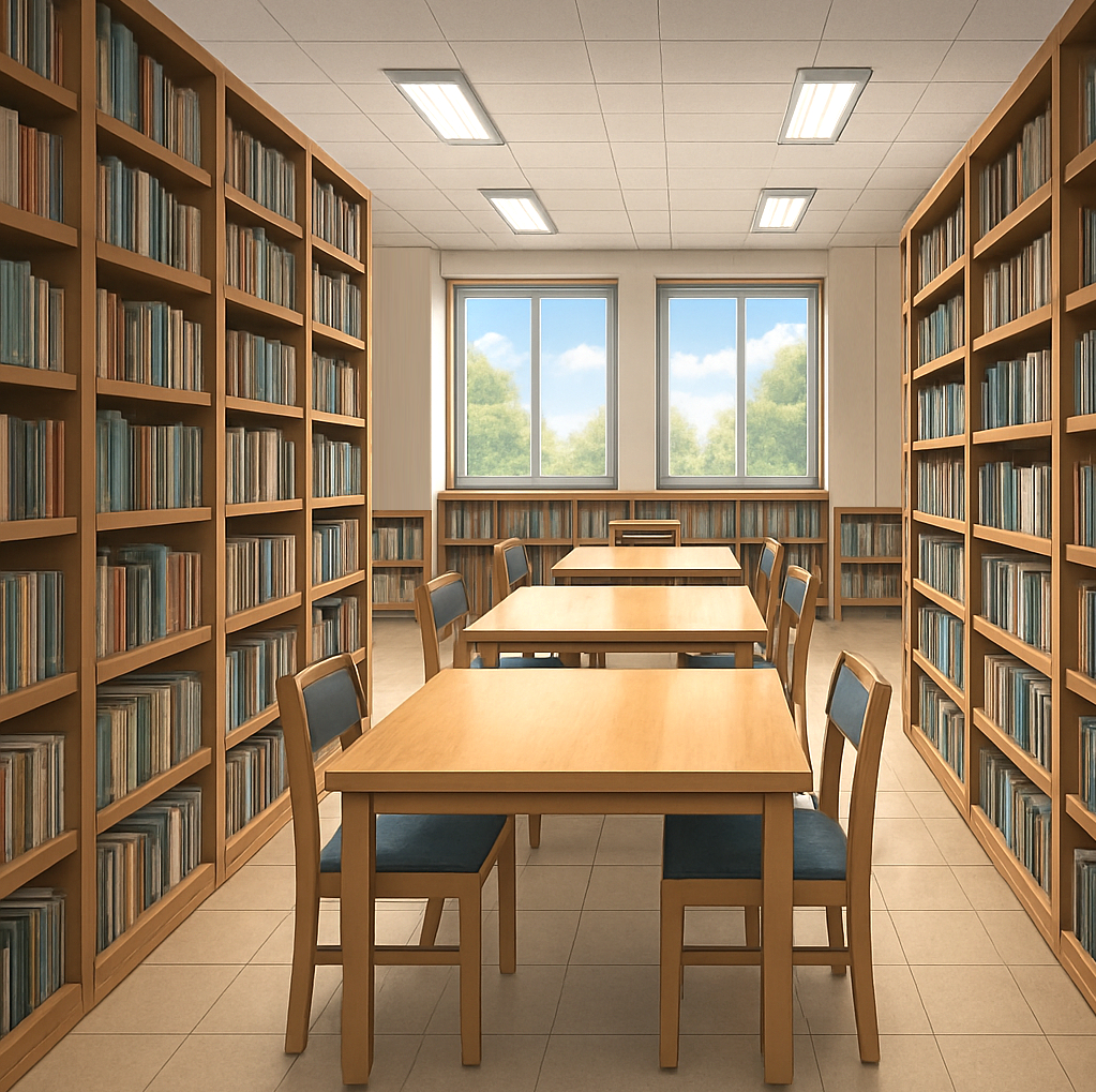 図書館の書架が続く室内背景フリー素材｜読書・勉強向け・無料・商用利用OK