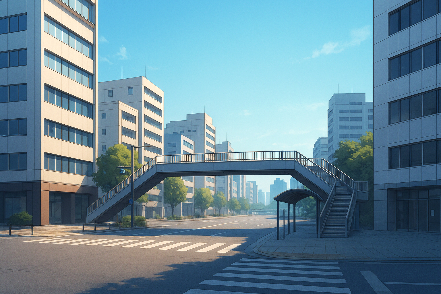 都会の広い道路と歩道橋の背景