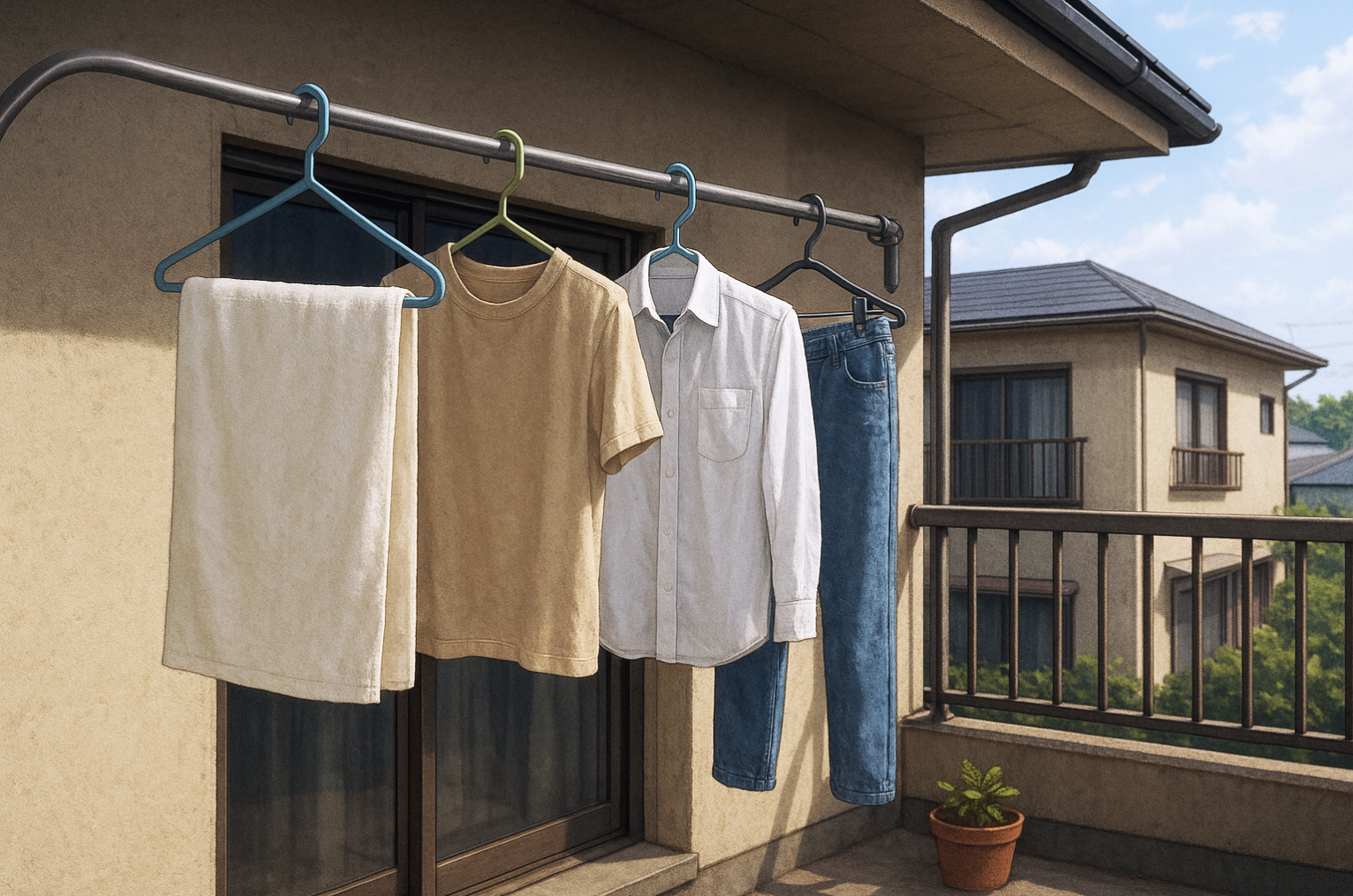 住宅ベランダの物干しスペース背景フリー素材｜洗濯物・青空・無料・商用利用OK