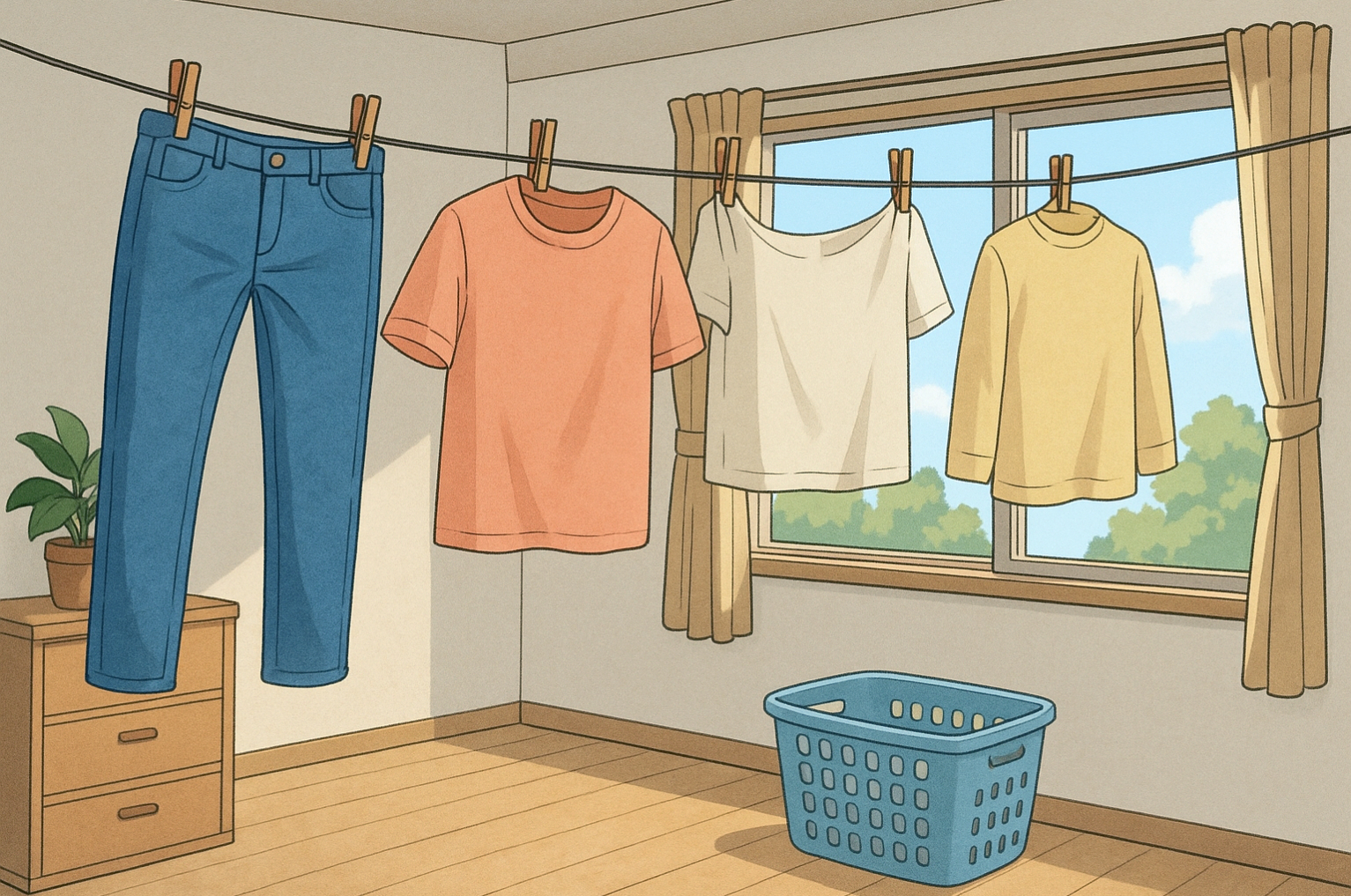 室内干しのランドリールーム背景フリー素材｜洗濯物・部屋干し・無料・商用利用OK