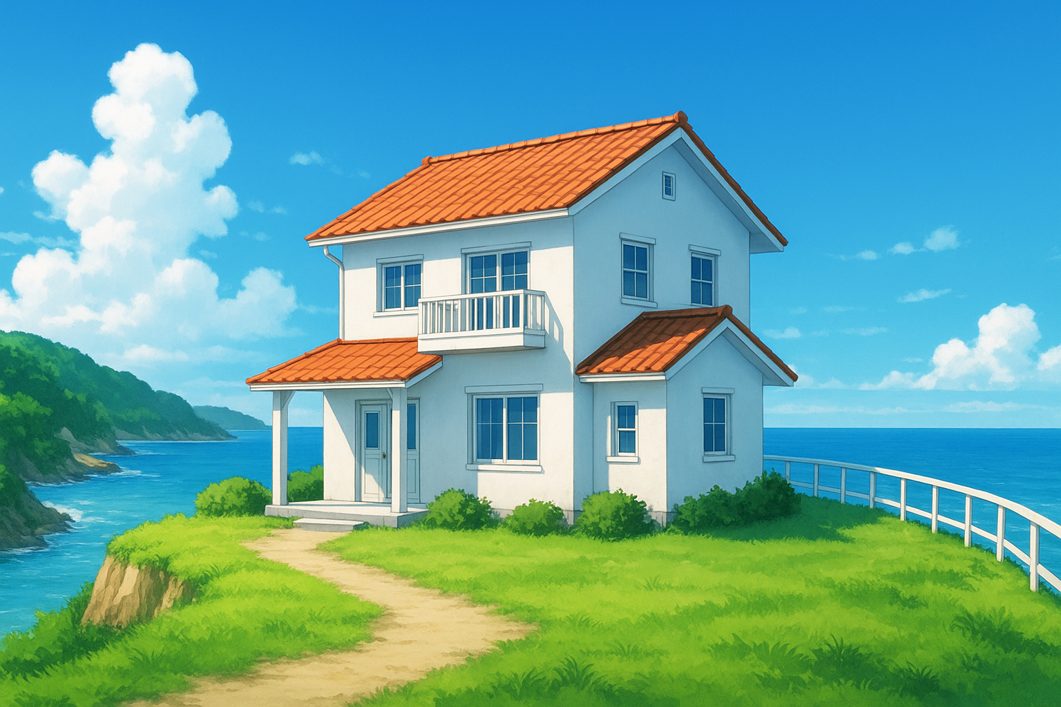 海が見える丘上の家の外観背景