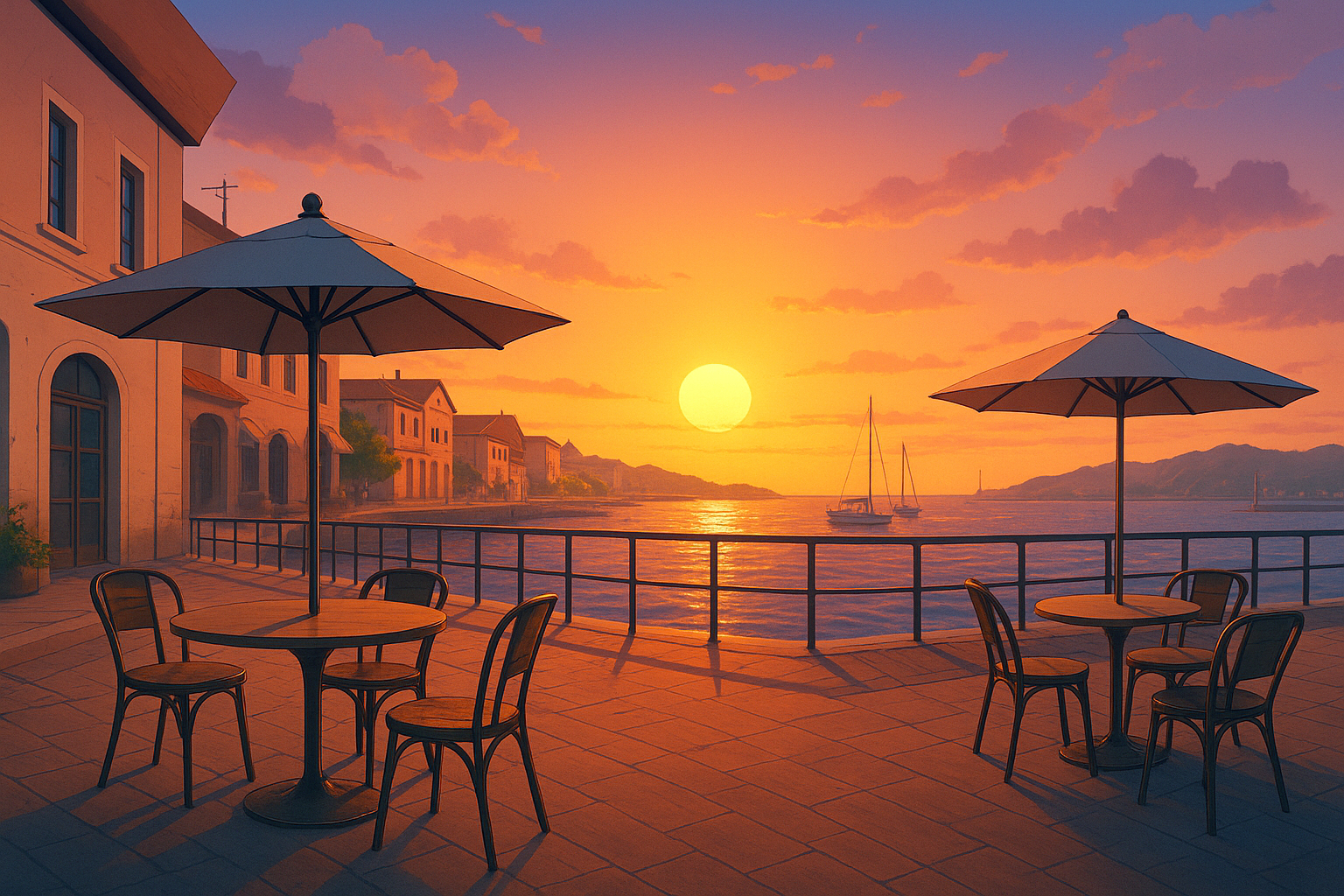 夕焼け空と海が見えるポートタウンの背景