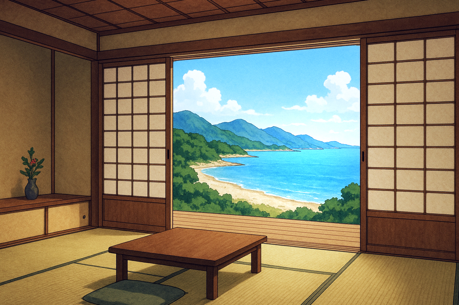 海が見える旅館の一室の内装背景