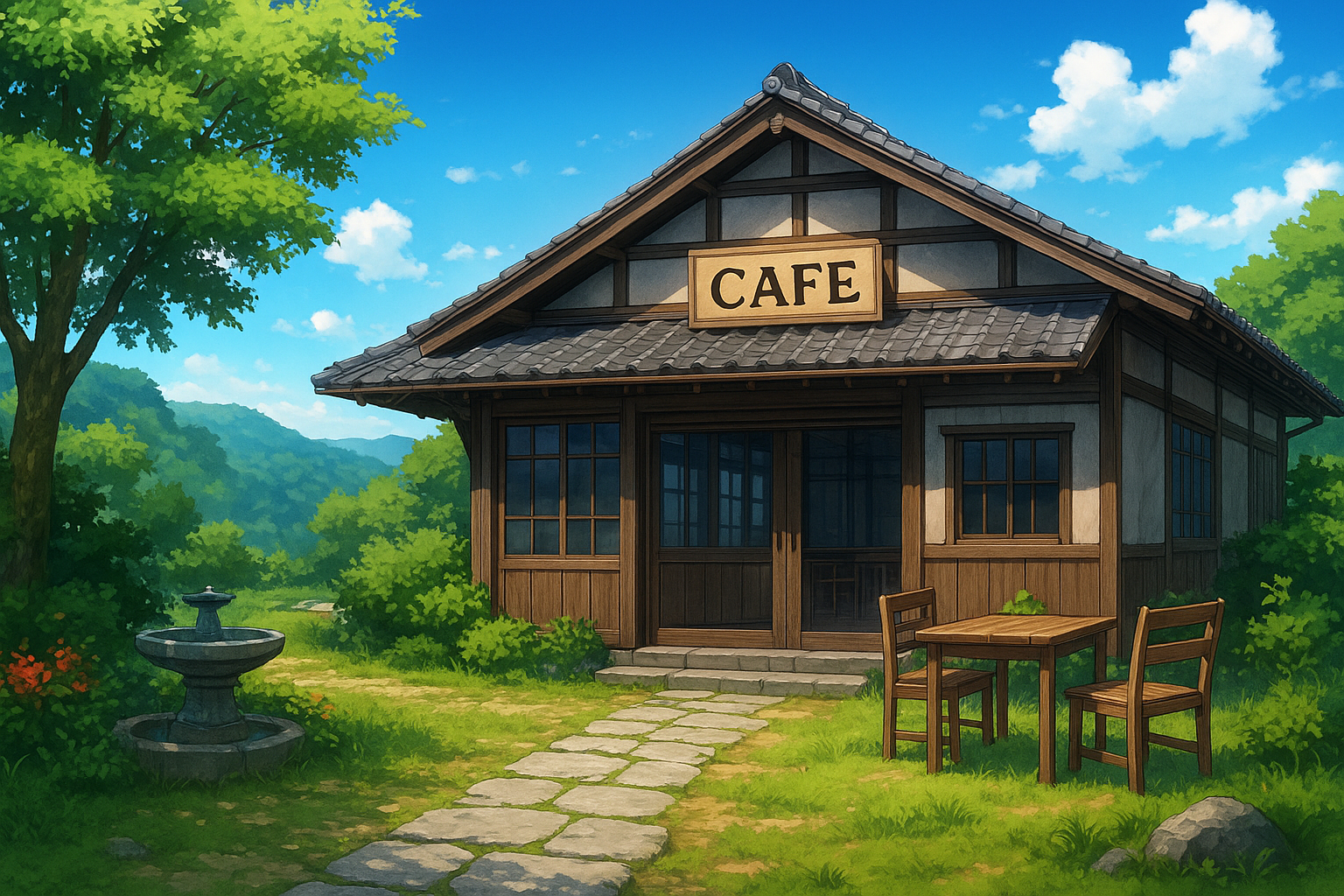 田舎の小さなカフェと自然に囲まれた背景フリー素材|地方店舗・無料・商用利用OK