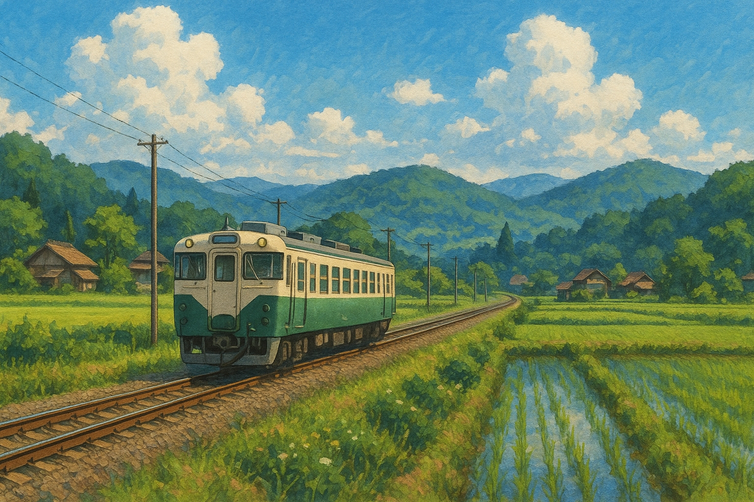 田舎を走るローカル列車と自然風景背景フリー素材|地方鉄道・無料・商用利用OK