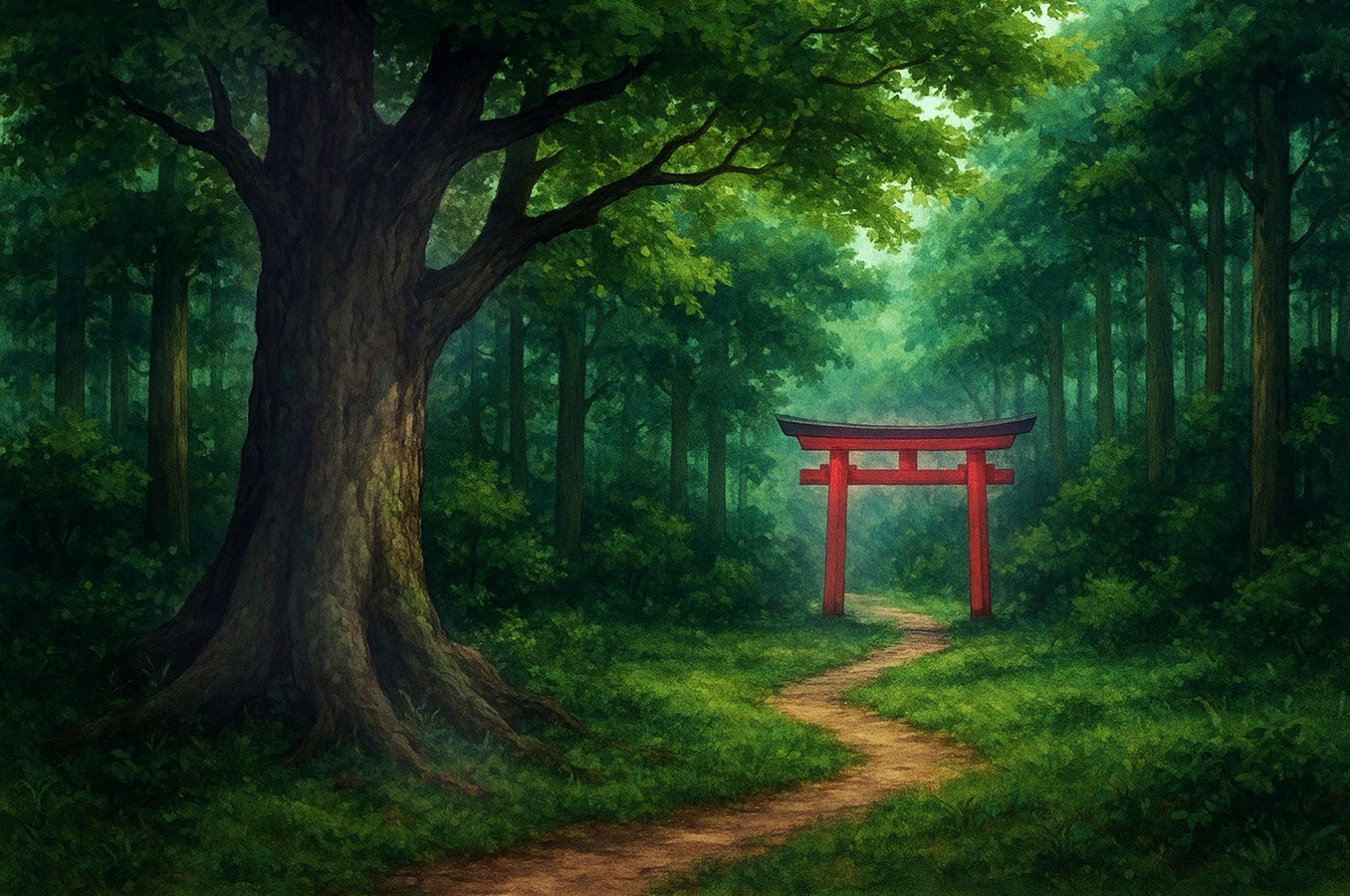 日本の神社のフリー背景素材|森の中の鳥居の風景・無料・商用利用OK・高解像度
