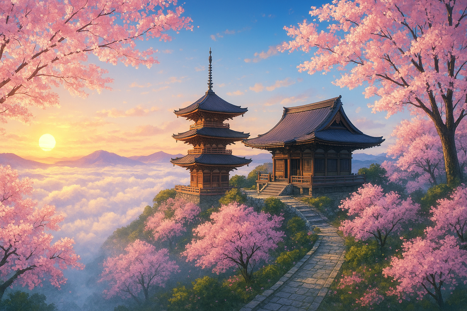 日本の神社のフリー背景素材|桜舞う天空神社の風景・無料・商用利用OK・高解像度