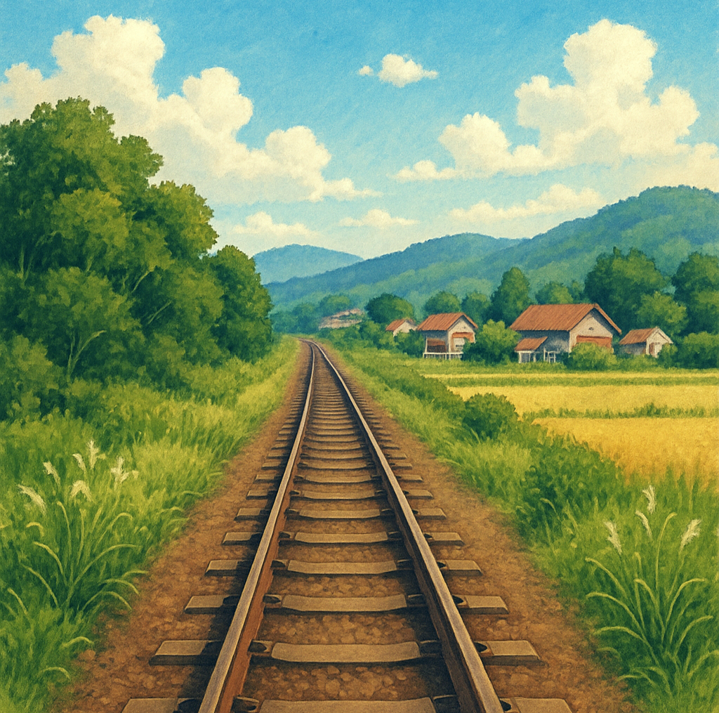 線路が伸びる鉄道風景の背景フリー素材|レール・駅周辺・無料・商用利用OK