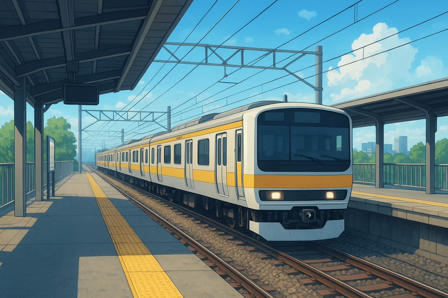 走行中の電車と駅風景の背景フリー素材|鉄道風景・無料・商用利用OK