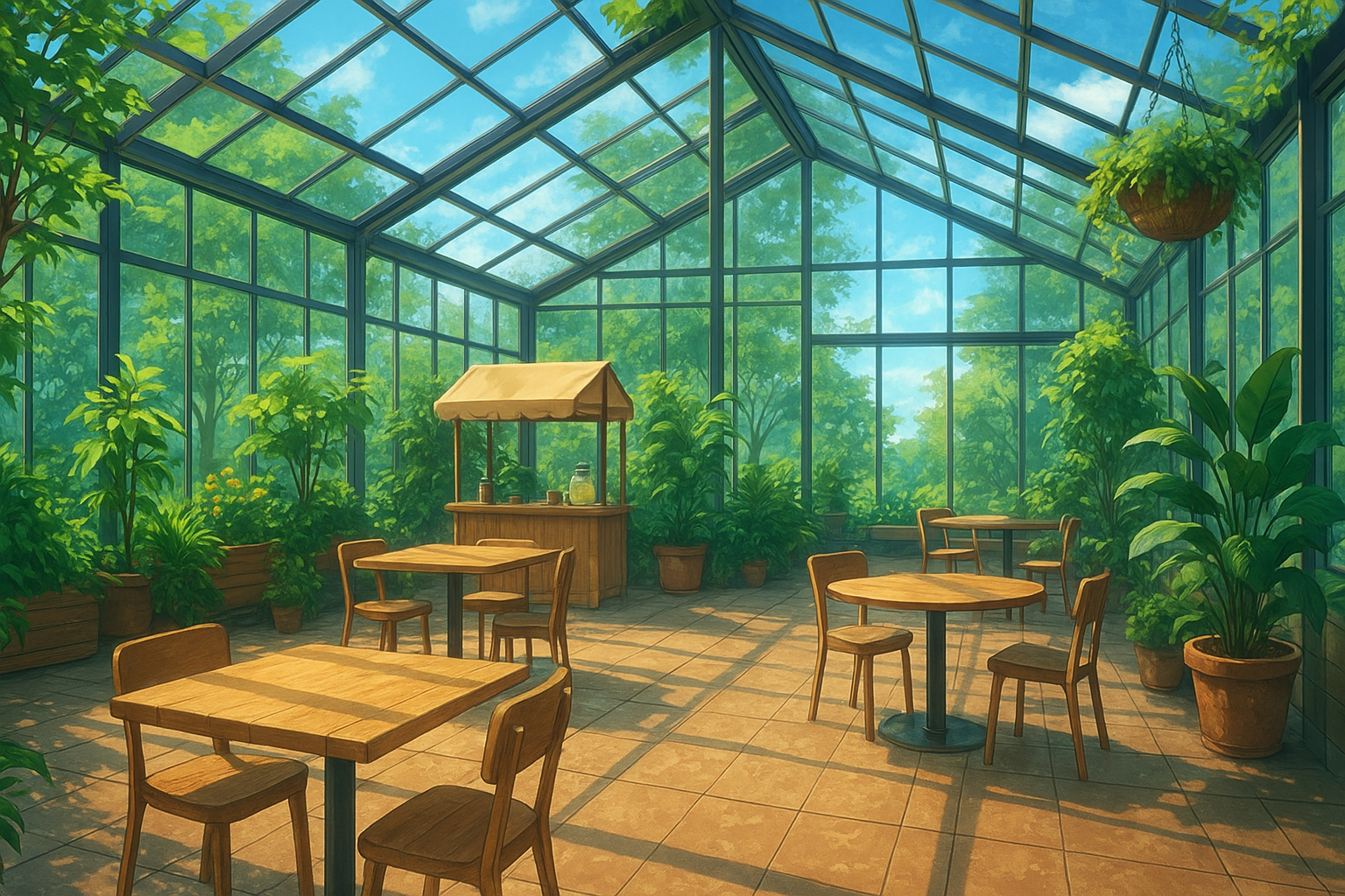 温室風レストランの内装 フリー背景素材｜ナチュラル飲食店・商用利用OK